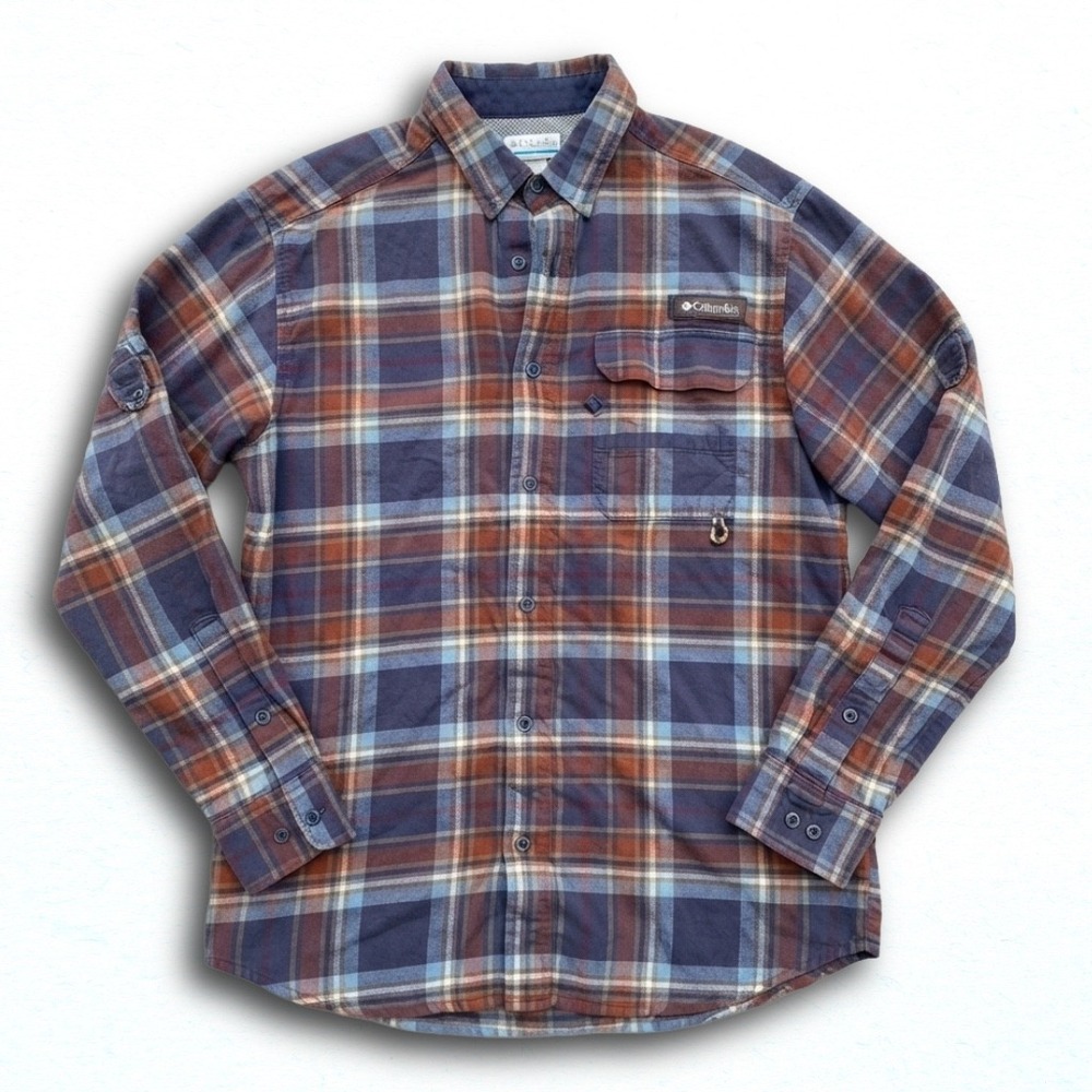 Columbia PHG Mens Plaid Flannel Button Down Shirt Blue Orange Hunting Vented L